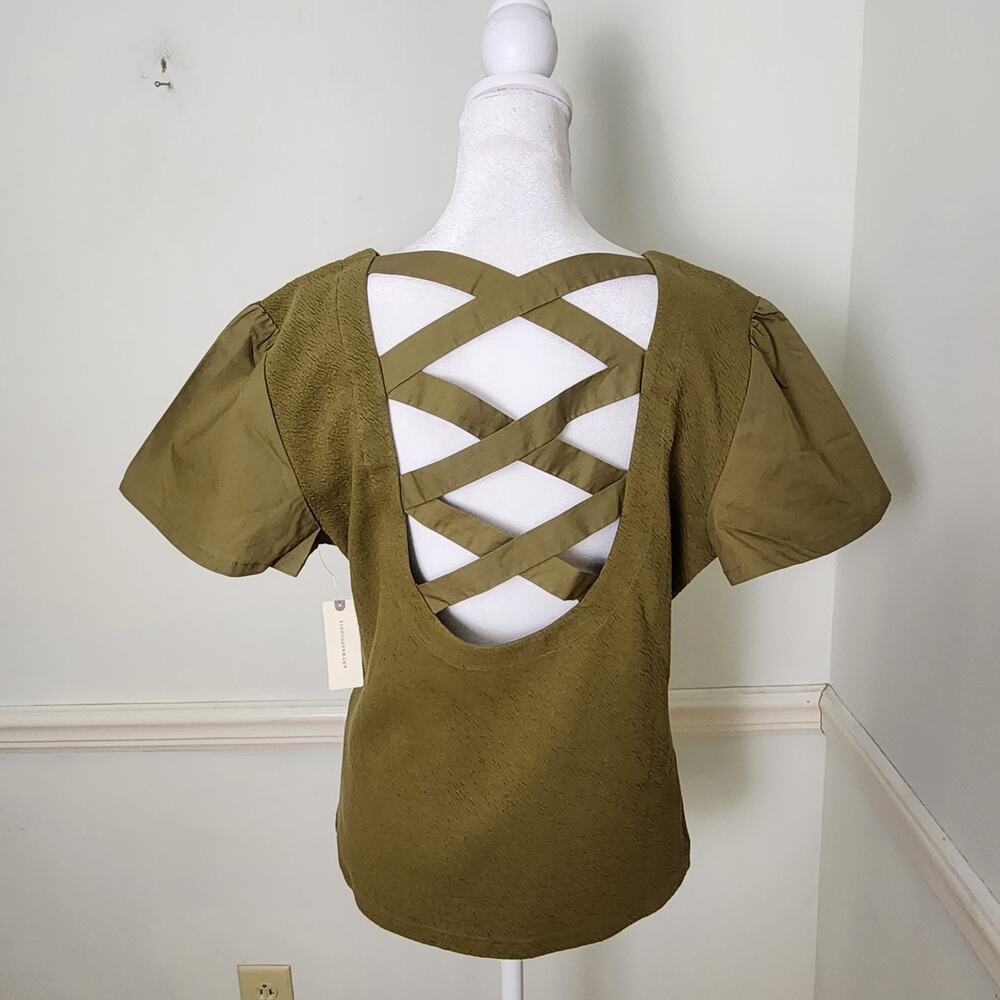 New Anthropologie Short Sleeve Flutter Top Sz Large Criss Cross Back Shirt Women